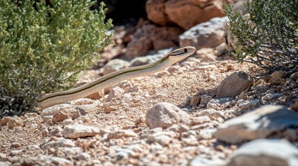 Close-Up of a Long Snake Slithering Through Rocky Desert Terrain Amongst Shrubs and Stones