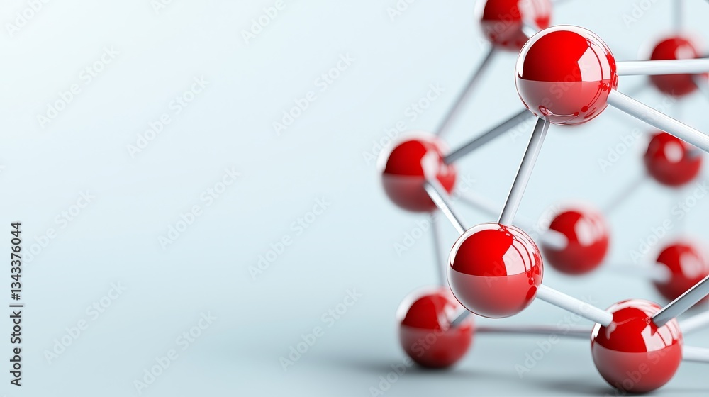 Poster a close-up view of a molecular structure with red spheres connected by white rods, representing scie