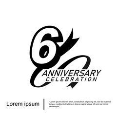 6th years anniversary celebration emblem. black logo isolated with ribbon on white background. vector illustration template design for web, flyers, poster, greeting card