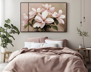 Stylish Bedroom Interior with Floral Art, Pink Bedding and Modern Decor