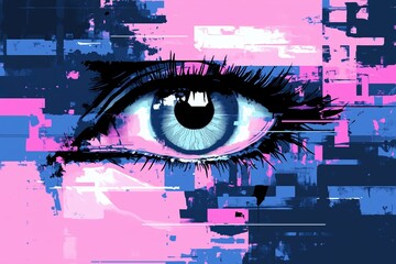 Digital illustration of a futuristic eye with a glitch effect in neon pink and blue. Surveillance and technology