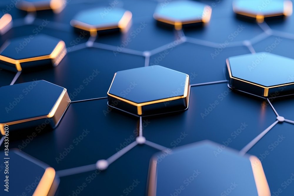 Poster a close-up view of interconnected hexagonal shapes, featuring a futuristic design with glowing edges