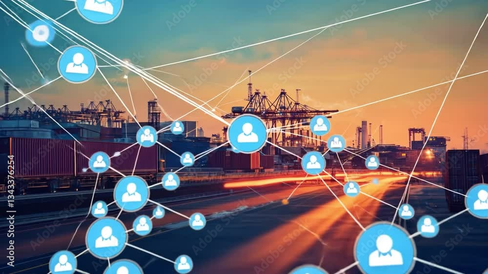 Poster global connections: visualizing global networks with overlapping blue person icons and lines, superi