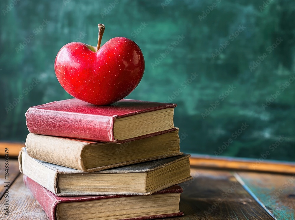 Poster red apple resting on stack of books against a chalkboard backdrop