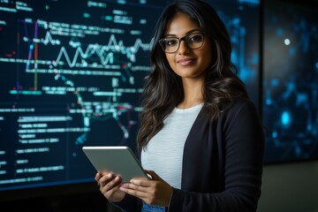 A confident Indian woman in glasses holding an iPad stands amidst the glow of code and data streams, with digital screens displaying complex mathematical equations behind her