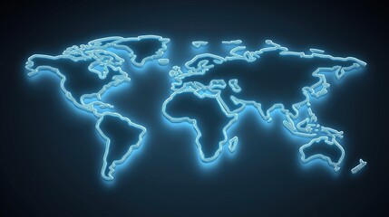 Glowing blue neon world map on a dark background. Global network and technology concept.