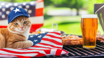 Patriotic ginger cat enjoying barbecue and beer on Memorial Day