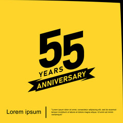 Obraz premium 55th years anniversary celebration emblem. black logo isolated with ribbon on yellow background. vector illustration template design for web, flyers, poster, greeting card and invitation card 