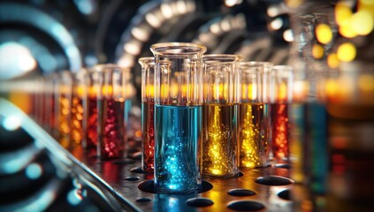 Colorful test tubes with liquids in a lab setting