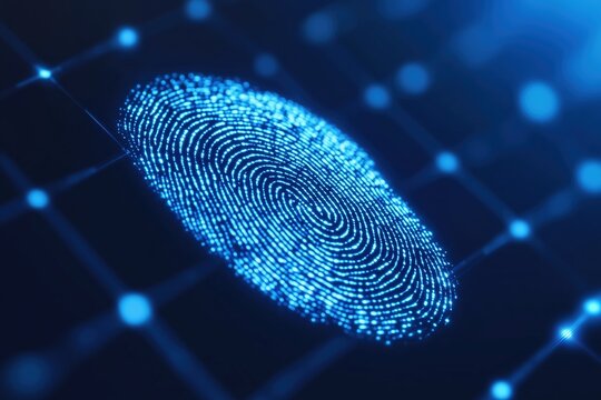 Blue glowing fingerprint on digital interface. Biometric security and identity verification