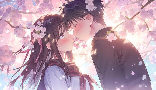 Japanese Manga Style: High School Girl and Boy Under Cherry Blossoms in Spring, New Semester, and Romantic Season - School Festival Material