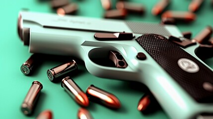 Obraz premium Handgun Ammunition Gun Safety Weapon Firearms Closeup Bullets Cartridge Pistols F
