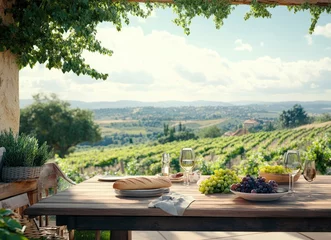 Selbstklebende Fototapeten Outdoor Dining at Vineyard Table with Bread Wine and Grape Scenery © firdan