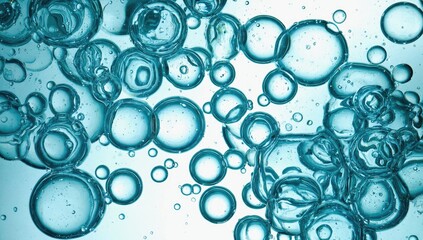 Bubbles Symphony: A mesmerizing close-up of countless buoyant bubbles in a sea of light blue, creating an intricate dance of reflections. Their translucent surfaces shimmer with an ethereal glow.