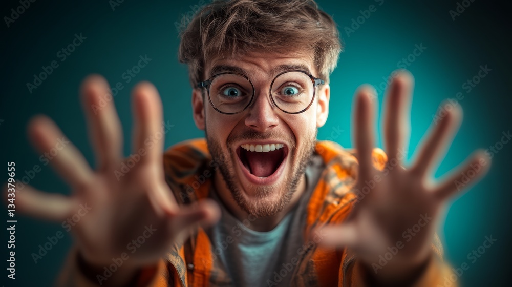 Poster man with glasses and a smile on his face is making a fist and pointing at something. concept of exci