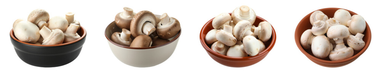Mushrooms on ceramic bowl Isolated on transparent background PNG set