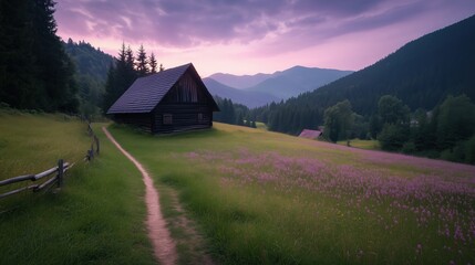 Obraz premium Scenic countryside landscape with a wooden cabin in a green valley during sunset. Rural nature and peaceful retreat
