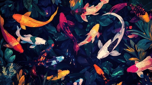 Vibrant koi fish swim among lush foliage in a dark pond.
