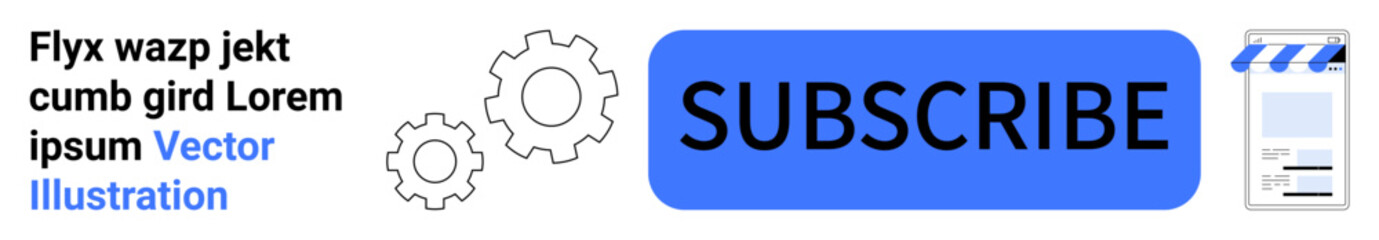 Blue subscribe button beside stylized gear icons and document representation. Ideal for user engagement, content subscription, email marketing, automation, digital services, tutorials, and simple