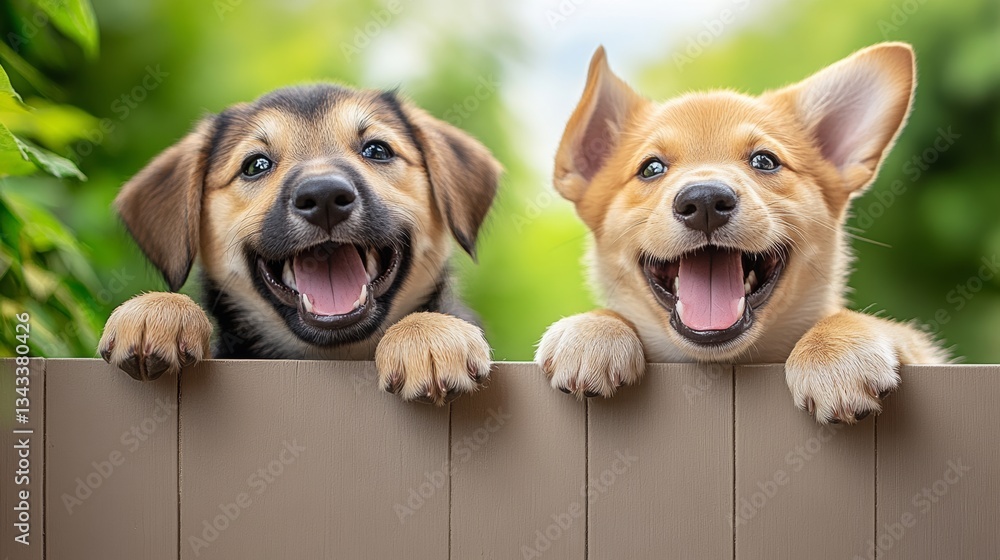 Poster two puppies are smiling and looking at the camera. they are standing on a fence and looking at the v