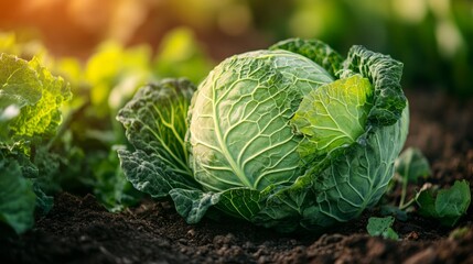 Fototapeta premium Fresh Organic Savoy Cabbage Growing in Garden Bed, Harvest Time, Agriculture Background