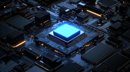 A chip with a blue light on top of it, AI processor on a motherboard, futuristic micro chip, digital technology, glowing circuits, advanced computing hardware
