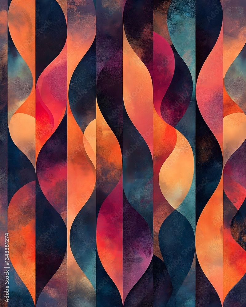 Poster abstract art deco pattern with retro curves in warm tones palette