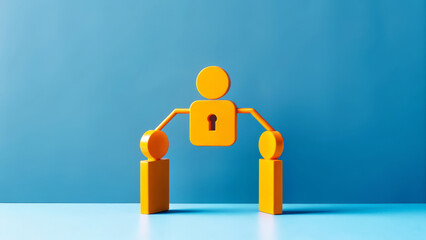 yellow lock symbol with human figures on blue background
