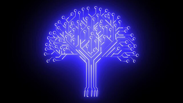 Circuit tree on black background. Science and technology concept. Animated Glowing circuit board on a black background.	