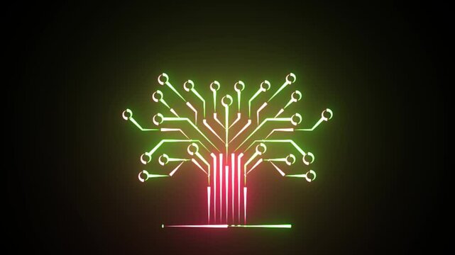 Circuit tree on black background. Science and technology concept. Animated Glowing circuit board on a black background.	