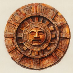 Fototapeta premium Ancient Sun Stone Artwork with Intricate Details Depicting a Face Surrounded by Geometric Patterns and Sun Rays in Warm Earthy Tones