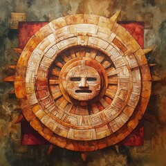Intricate Colorful Sunstone Artwork Featuring Geometric Patterns and Ancient Face Design, Symbolizing Cultural Heritage and Artistic Expression in a Unique Medium