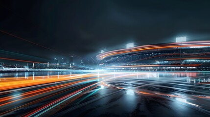 Futuristic cityscape at night with a modern stadium in the background, illuminated by bright stadium lights