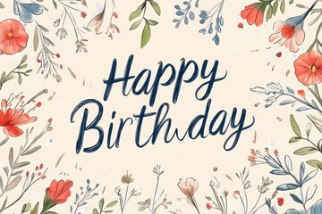 A birthday card with a handwritten "Happy Birthday" message, featuring delicate floral sketches around the edges