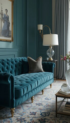 "My velvet tufted sofa in deep teal is the centerpiece of my elegant living room. The gold-accented legs complement the brass floor lamp and crystal vase on the side table.