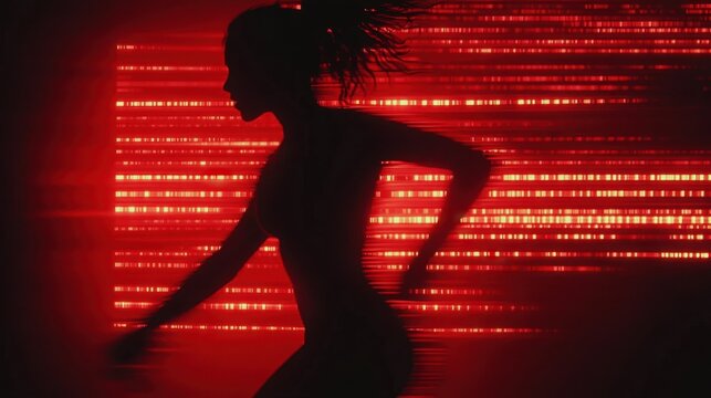 Sporty woman running in virtual reality with red binary code background