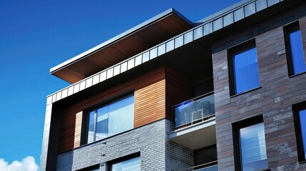 Contemporary architecture showcasing clean lines and varied textures against blue sky