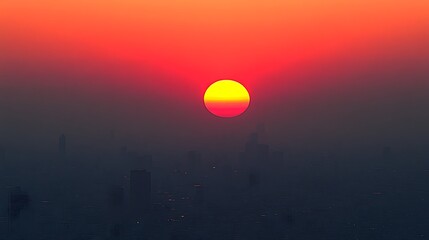 Sunset over city skyline, bright sky, peaceful urban view