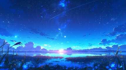 lake view with starry night sky anime wallpaper background digital art illustration 