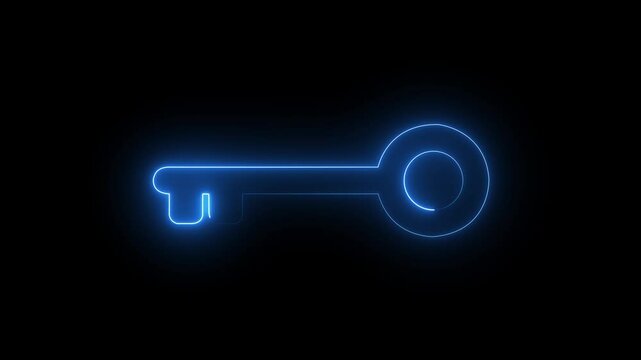glowing neon key lock animation icon sign symbol on black background. 4k animation.