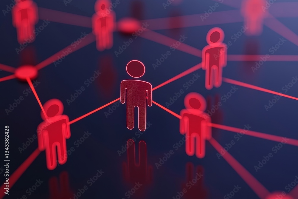 Poster a digital illustration showing a central figure connected to multiple others, symbolizing networking