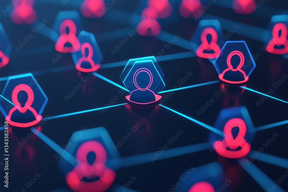 Poster a digital representation of a network showcasing interconnected user profiles with vibrant blue and 