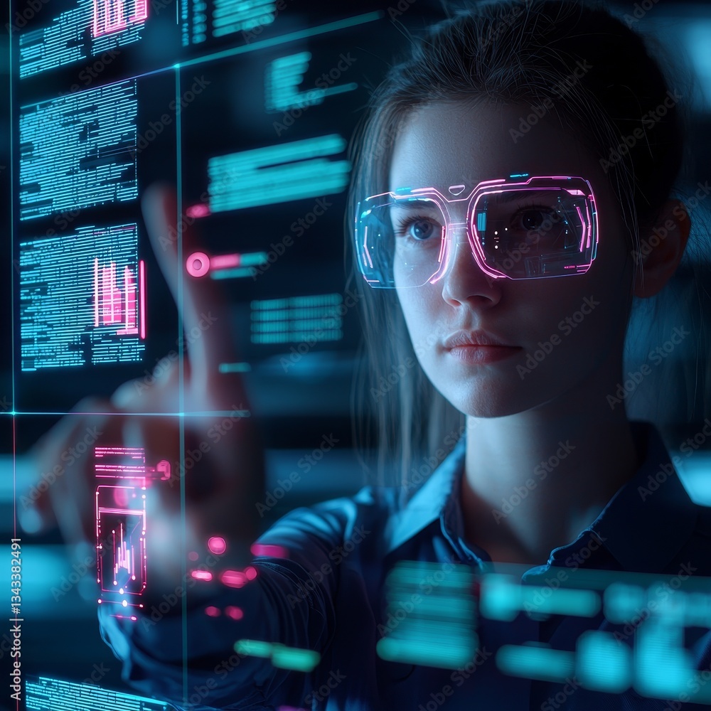Poster knowledge sharing professional networking concept. a focused individual interacts with a digital int