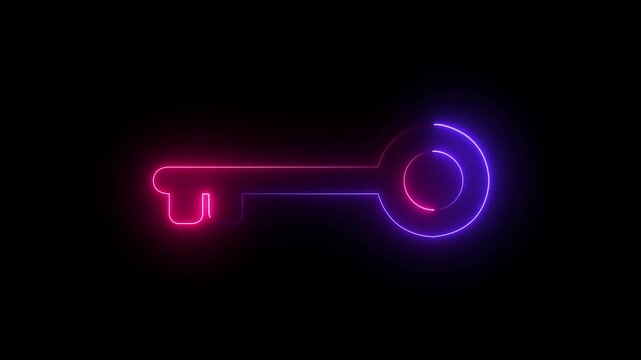 glowing neon key lock animation icon sign symbol on black background. 4k animation.