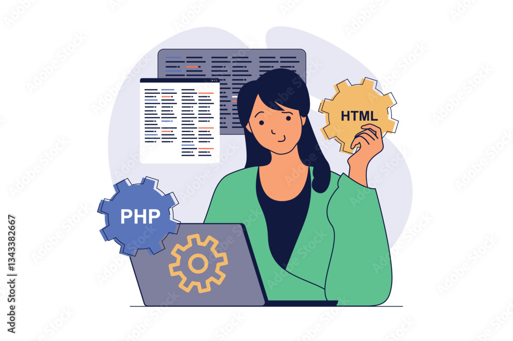 Fototapete Programmer working concept with cartoon people in flat design for web. Woman programming software at screens, engineering and developing programs, coding applications and scripts. Vector illustration.