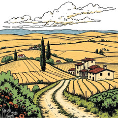 Countryside scenery in Tuscany, Italy. Handmade drawing vector illustration. Vintage style. Engraved old sketch style colorful vector