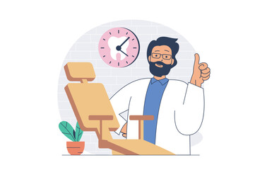 Medicine concept with cartoon people in flat design for web. Man working as dentist, examining patients teeth, doing consultation, therapy procedures and oral hygiene treatments. Vector illustration.