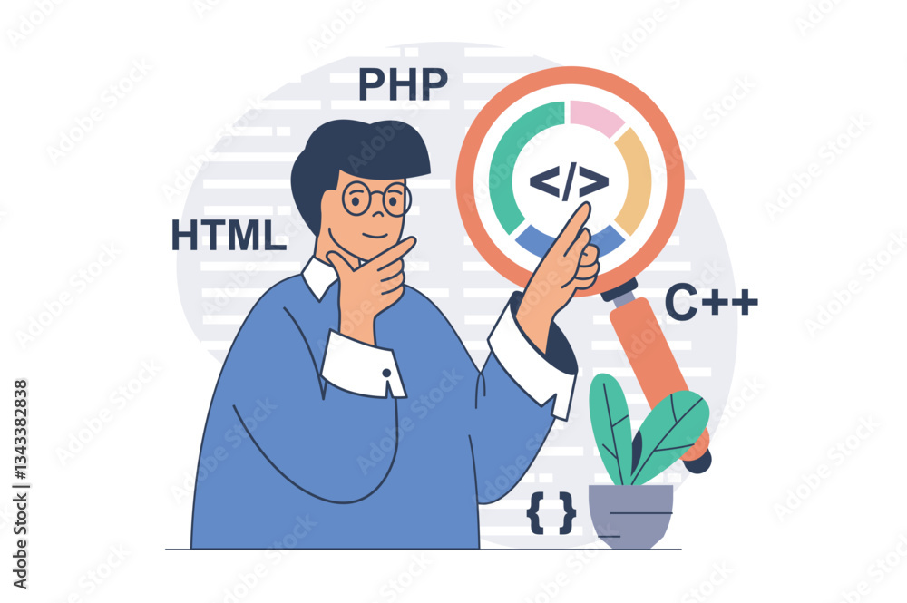 Aufkleber Programmer working concept with cartoon people in flat design for web. Man searching program bugs in code, creating quality report, programming and engineering software projects. Vector illustration.