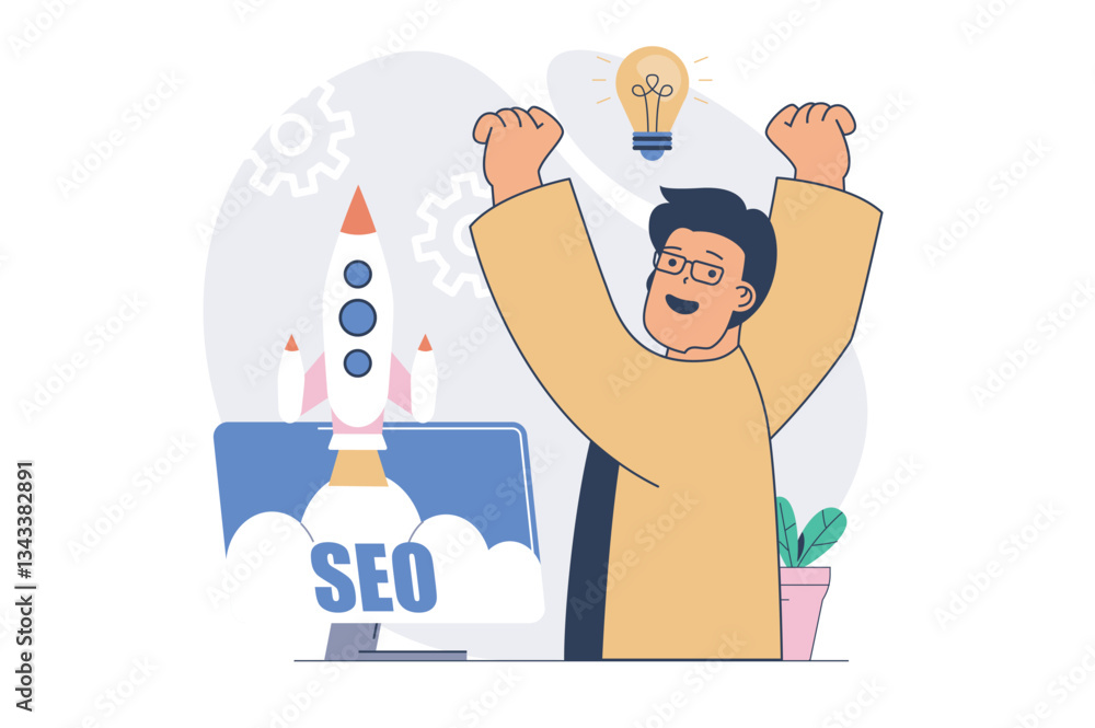 Fototapete SEO optimization concept with cartoon people in flat design for web. Man making data analysis of search results, improving process, raising page rocket rating to top ranking. Vector illustration.