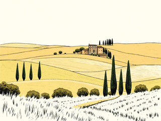 Countryside scenery in Tuscany, Italy. Handmade drawing vector illustration. Vintage style. Engraved old sketch style colorful vector